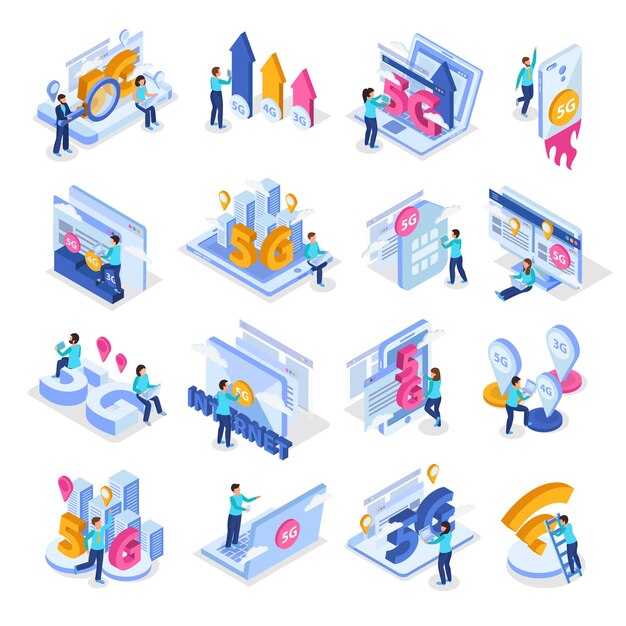 People using electronic devices and surfing 5g internet isometric icons set isolated on white background 3d vector illustration