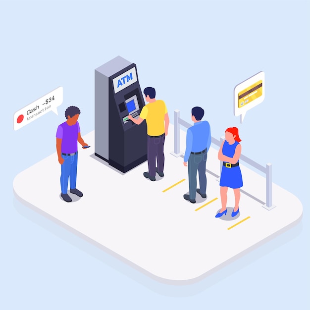 Free Vector people using interfaces isometric colored composition queue at atm to withdraw money vector illustration