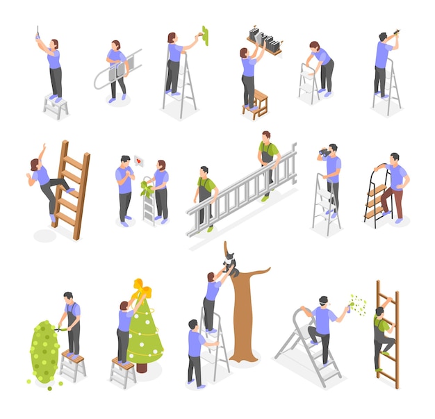 Free Vector people using ladder for various purposes isometric icons collection isolated vector illustration