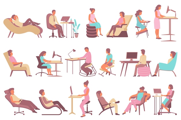 People using modern ergonomic furniture for rest and work flat set isolated vector illustration