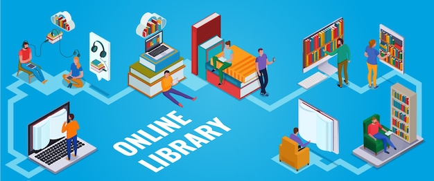 Free Vector people using online library horizontal isometric concept on blue  3d