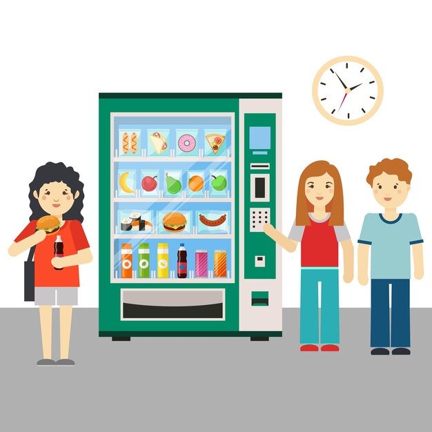 People and vending machine or snack dispenser  illustration.