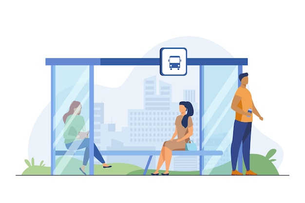 Free Vector people waiting public transport at bus stop. bench, reading, cityscape flat vector illustration. transportation and urban lifestyle concept