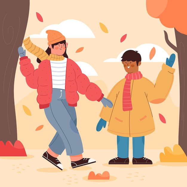 People walking in autumn illustration