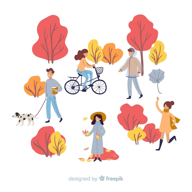 People walking in the autumn park flat design