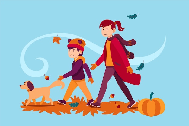 Free Vector people walking in autumn with dog