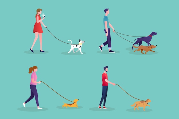 Free Vector people walking the dog theme