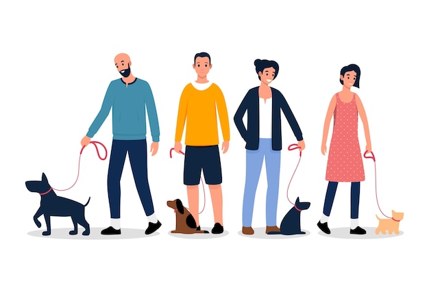 Free Vector people walking the dog