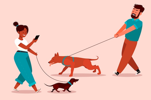 Free Vector people walking the dog