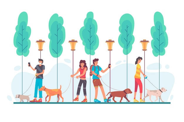 Free Vector people walking the dog