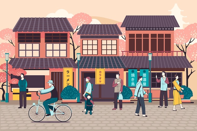 Free Vector people walking on japanese street