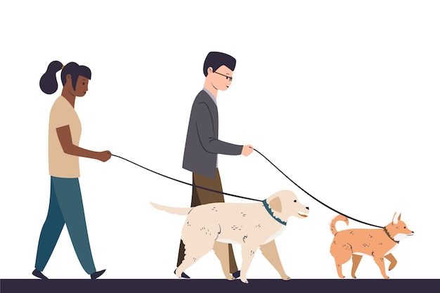 Free Vector people walking their dog together