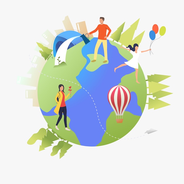 Free Vector people walking, watering plants and camping on earth globe