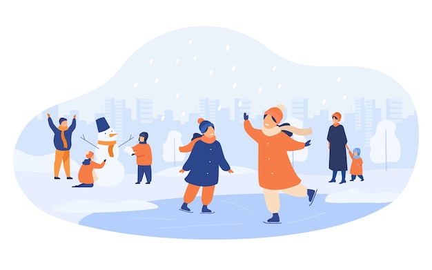 People walking in winter park isolated flat vector illustration. Cartoon men, women and children ice skating and making snowman.