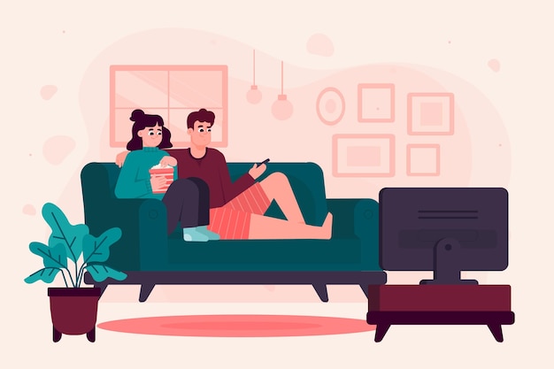 Free Vector people watching a movie at home