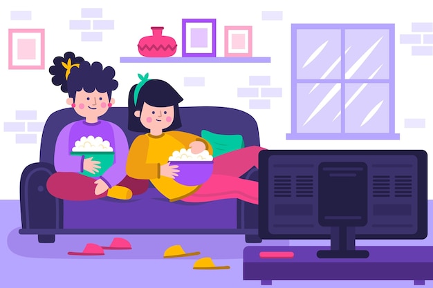 Free Vector people watching a movie at home