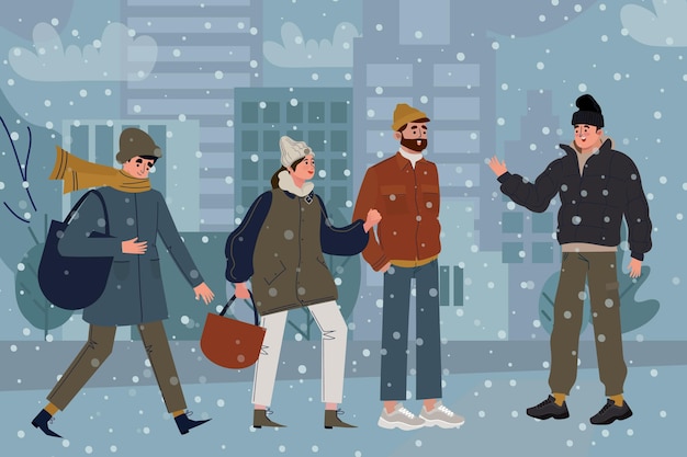 Free Vector people wearing cozy winter clothes