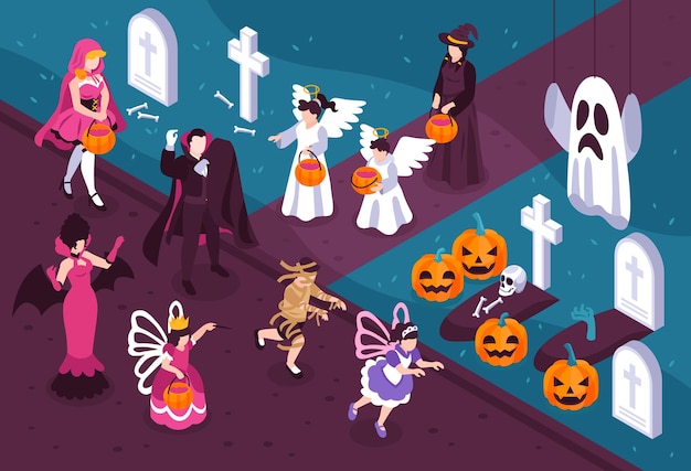 People wearing halloween costumes of vampire fairy witch zombie angel and party decoration in isometric ivew