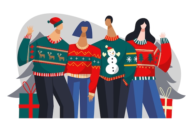 Free Vector people wearing ugly sweaters