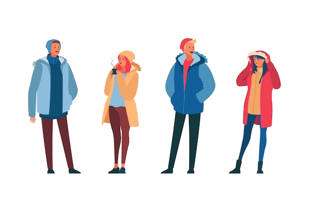 Free vector people wearing winter clothes on white background