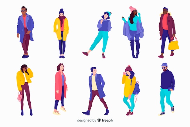 People wearing winter clothes on white background