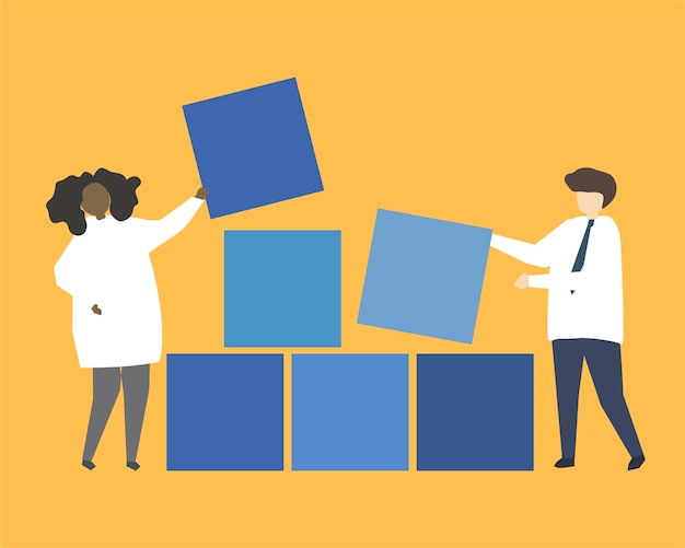 Free Vector people with blue building blocks illustration