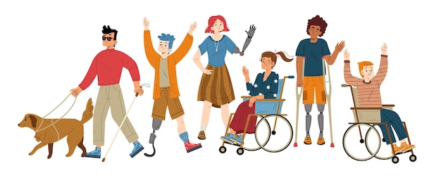 People with different disabilities waving hand