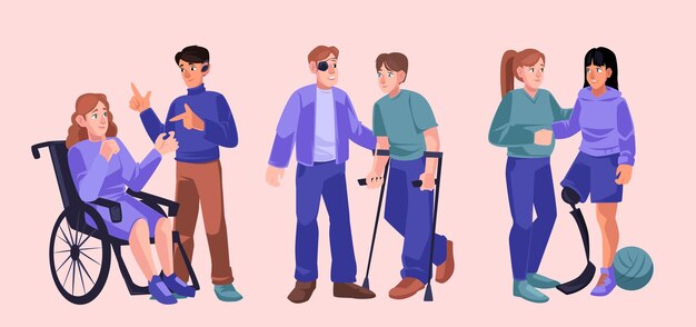 People with diverse disabilities, physical incapacities. Vector set of flat illustrations with men and women in wheelchair, with crutch, leg prosthesis, hearing aid and bandage on eye