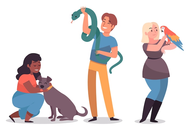 Free Vector people with dog, parrot and snake