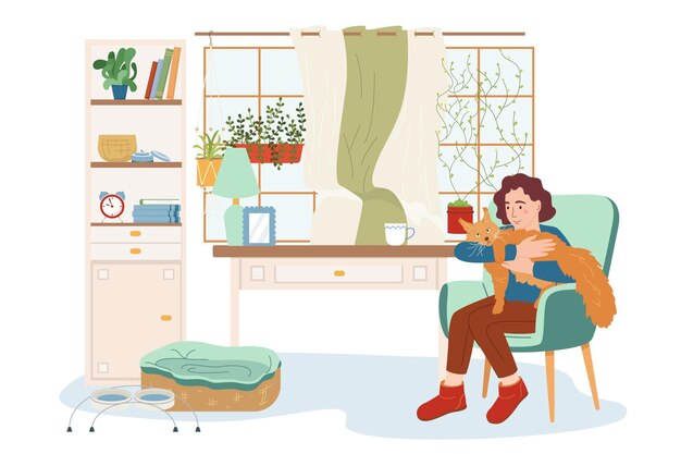 People with exotic pets flat composition of isolated living room scenery with sitting woman holding lynx vector illustration