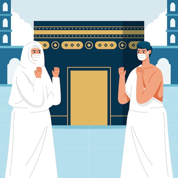 Free Vector people with face mask in hajj pilgrimage illustration