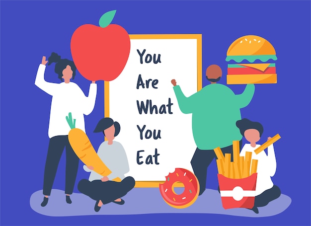 People with food icons illustration