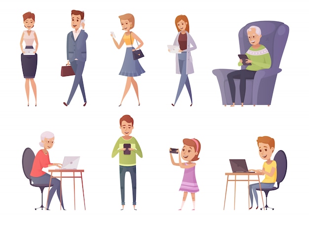 Free Vector people with gadgets decorative icons set of people using phone tablet laptop in cafe and home interi