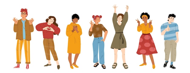 Free vector people with hand gestures thumb up ok victory