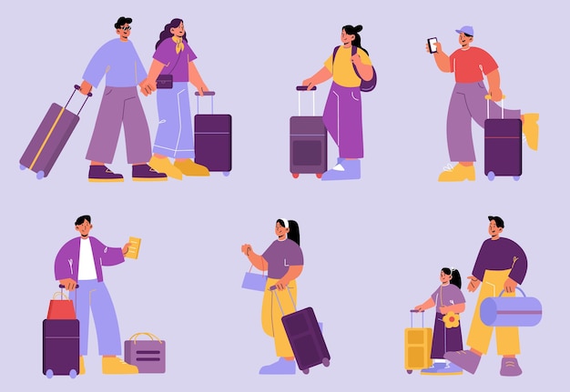 People with luggage, tourists travel with bags. Set of male and female characters traveling. Family couple, parent with kid, happy men and women walk with baggage, Line art flat vector illustration