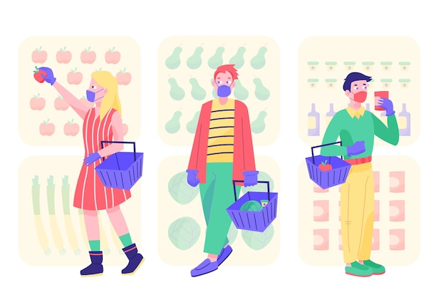 People with medical masks shopping for groceries