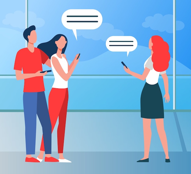 Free Vector people with phones chatting online at panoramic window. using smartphones, speech bubbles, interior flat vector illustration. communication