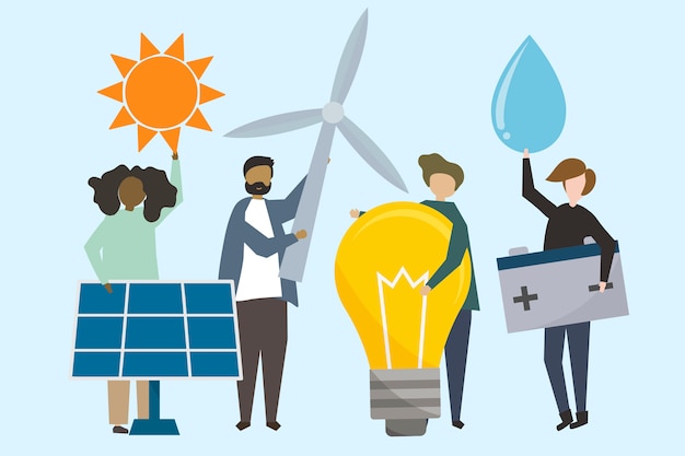 Free vector people with renewable energy resources illustration