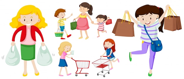 People with shopping bags and cart illustration