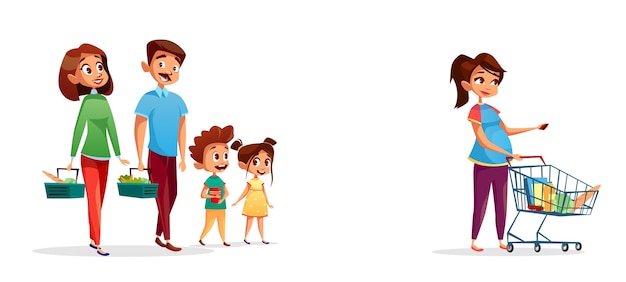 Free Vector people with shopping carts, family with children and pregnant woman in supermarket