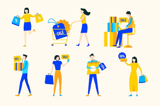 Free Vector people with shopping trays flat hand drawn