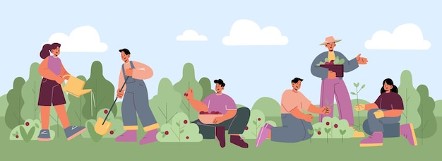 People work in garden, plant flowers and vegetables, harvest berries. Vector flat illustration of farmers or volunteers gardening together on farm, yard or public park