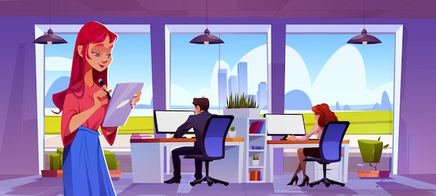 Free Vector people working in modern company office with large windows vector cartoon illustration of busy male and female characters sitting at computer desks making notes on tablet business personnel at work