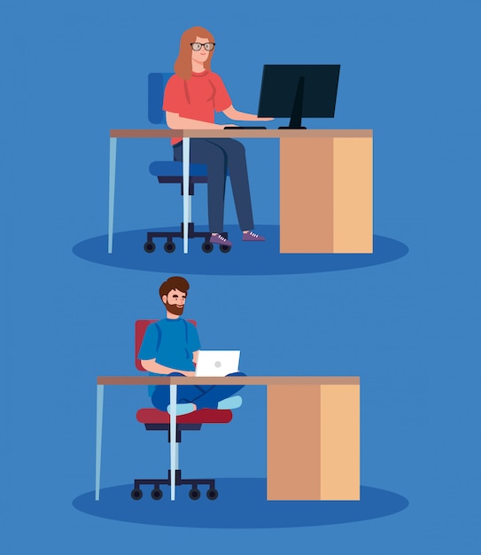 Free vector people working telecommuting with laptop in desks