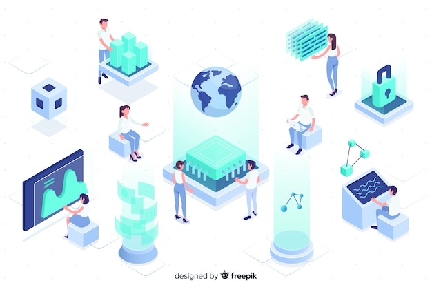 People working with technology isometric design