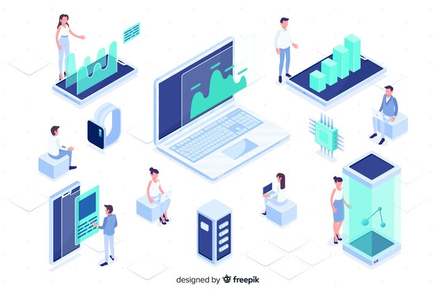 People working with technology isometric design