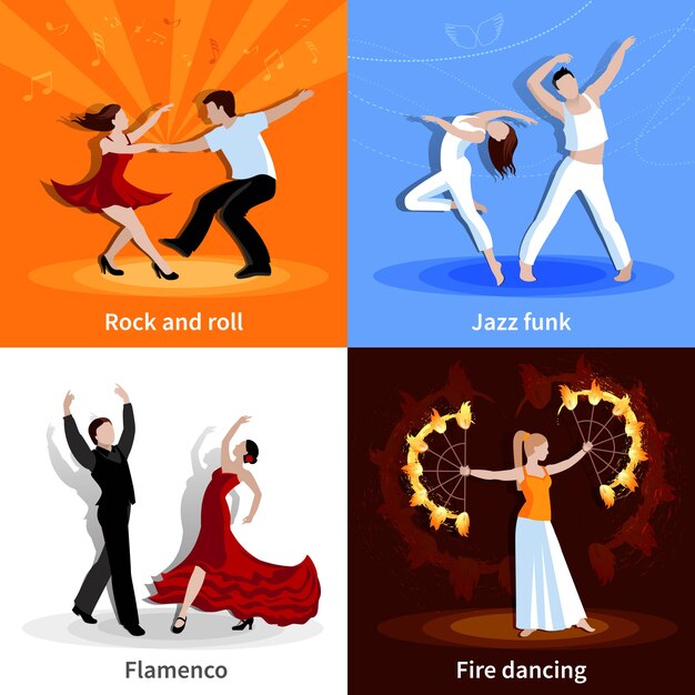 Performing various styles of dancing people flat character set isolated vector illustration