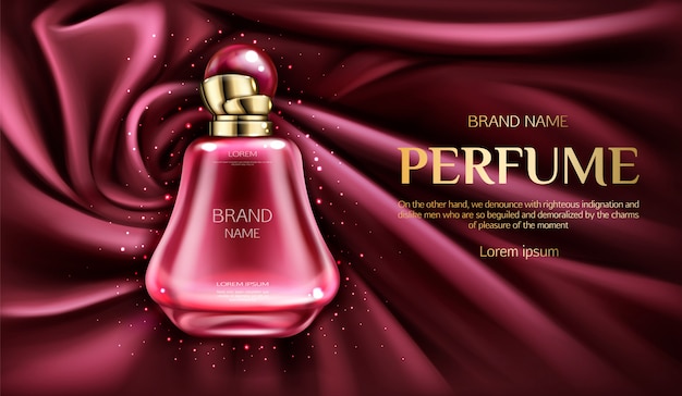 Free Vector perfume bottle on swirl velvet or silk fabric.