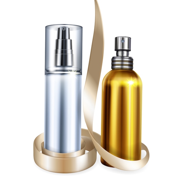 Free vector perfume and cosmetic bottles illustration of 3d realistic isolated mockups for premium brand