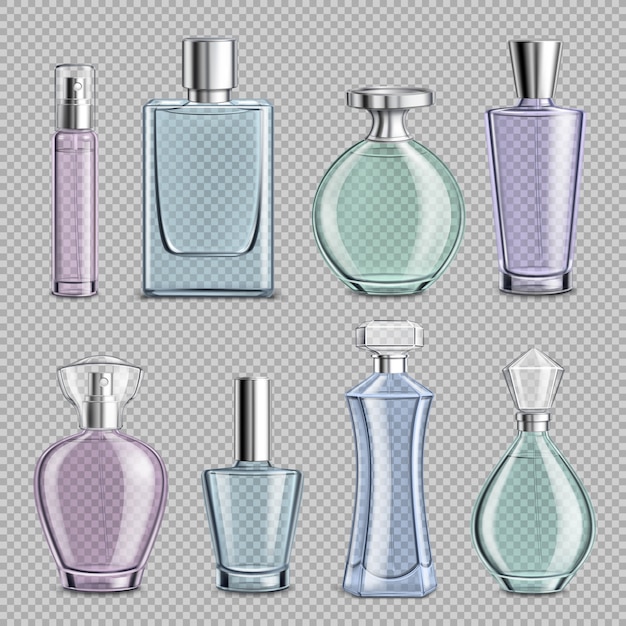 Free Vector perfume glass bottles set on transparent